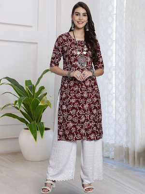 EthnicBasket Women Printed A-line Kurta(Maroon)
