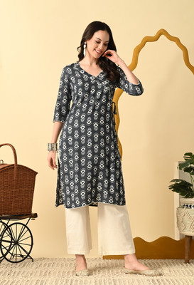 METAFAB Women Printed A-line Kurta(Grey)