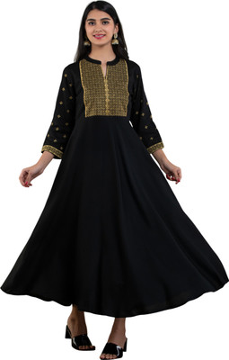 MF HAYAT Women Embroidered Gown Kurta(Black)