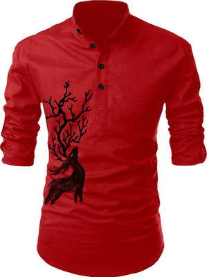 hfm Men Animal Print Straight Kurta(Red)