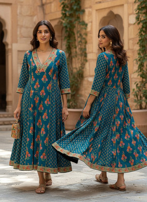 VD Creations Women Floral Print, Printed Anarkali Kurta(Blue)