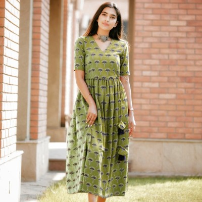 Nocika Women Printed Flared Kurta(Green)