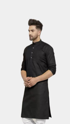 HouseOfCommon Men Solid A-line Kurta(Black)