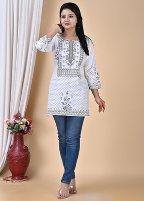 KF Kolkata Fashion Women Embroidered A-line Kurta(White)