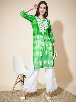 Anmi Chikan Embroidery Women Straight Kurta(Green)