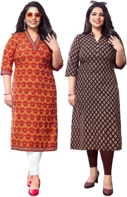 Jevi Prints Women Geometric Print, Kalamkari Straight Kurta(Red, Brown)