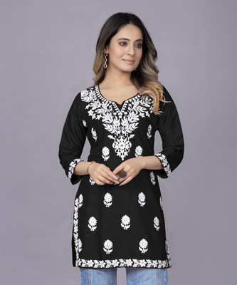 RUDRALIFESTAYLE Women Chikan Embroidery A-line Kurta(Black)