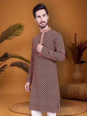 Jompers Men Embroidered Straight Kurta(Black)