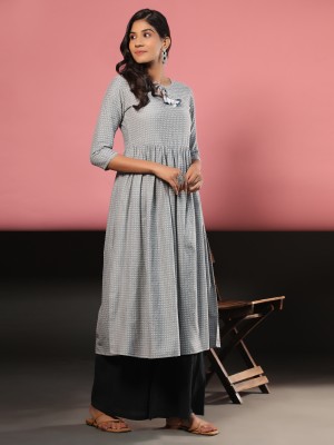 VBUYZ Women Printed A-line Kurta(Grey)