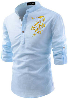DEELMO Men Floral Print Straight Kurta(Light Blue)