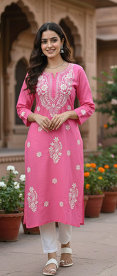 CHIKANKRI Women Chikan Embroidery Straight Kurta(Pink)