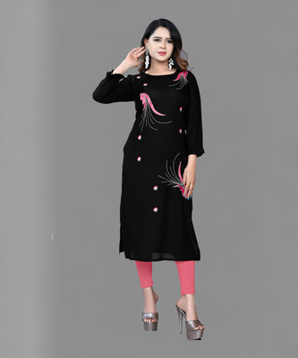 HAYA FASHION Women Embroidered Straight Kurta(Black, Pink)