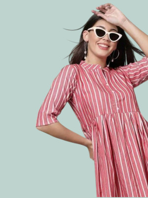 Houseofcommonv Women Striped A-line Kurta(Pink)