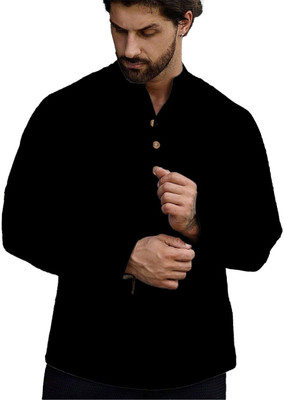 KNOWTED Men Solid A-line Kurta(Black)