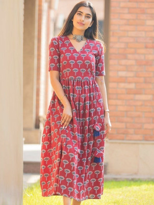 Flamingos Women Printed Flared Kurta(Maroon)