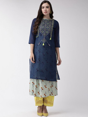 ANOUK Women Embroidered Straight Kurta(Blue)