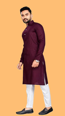 HouseOfCommon Men Striped A-line Kurta(Maroon)