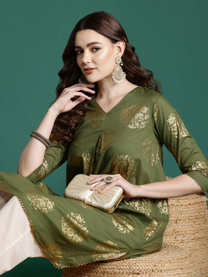 Sangria Women Printed A-line Kurta(Green)