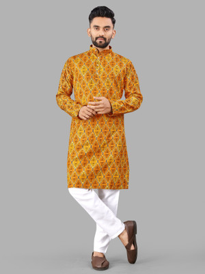Divastri Men Printed Straight Kurta(Yellow)