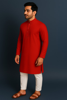 JAI BHAWANI ENTERPRISES Men Embroidered Straight Kurta(Red)
