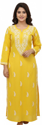 Unstop Women Chikan Embroidery Ethnic Dress Kurta(Yellow)