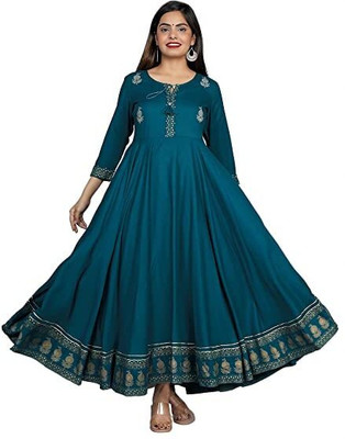 TRADERSRISHIKA Women Printed Flared Kurta(Light Blue)