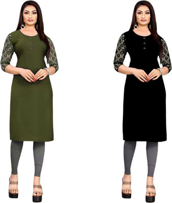 HOFC Women Solid Straight Kurta(Green, Black)