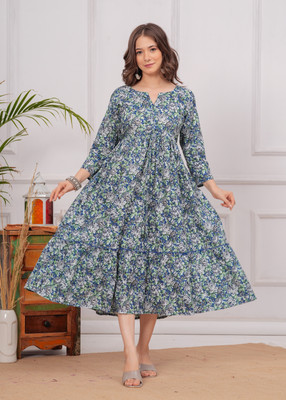Divis Fashion Women A-line Blue Midi/Calf Length Dress
