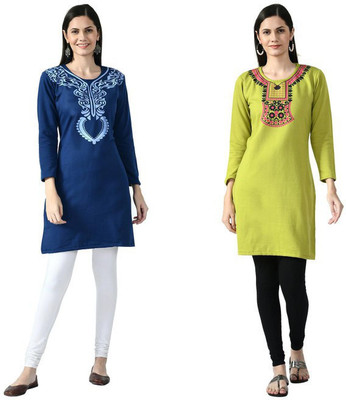 Indeweaves Women Self Design Straight Kurta(Light Blue, Light Green)