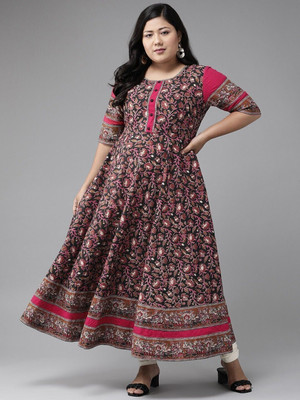 Yash Gallery Women Printed Anarkali Kurta(Black)