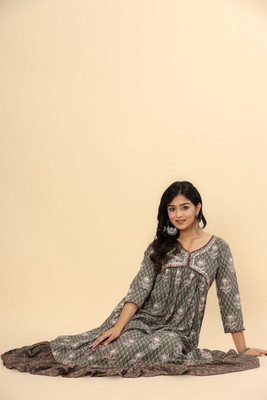 jaipurite Women Printed Anarkali Kurta(Grey)