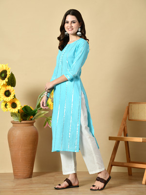 vidhani Women Striped Straight Kurta(Blue)