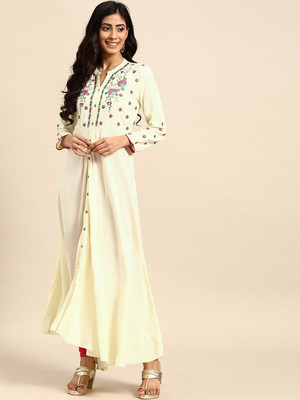 all about you Women Embroidered Anarkali Kurta(White)