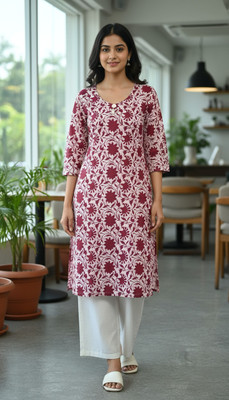 PRADHANJI COLLECTION Women Floral Print A-line Kurta(White)
