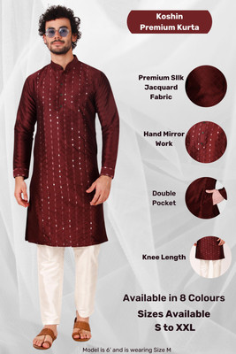 Koshin Men Embroidered Straight Kurta(Maroon)