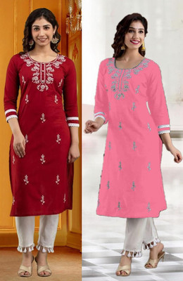 SISTO Women Chikan Embroidery Straight Kurta(Red, Pink)