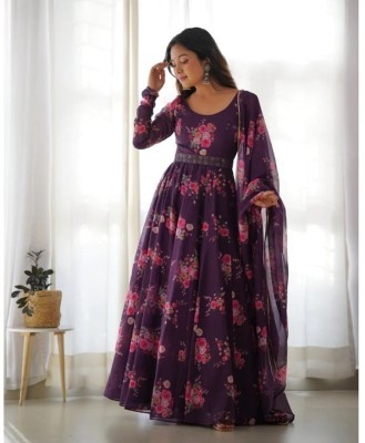 DHANSHVI TEXTILE Women Printed Gown Kurta(Purple)