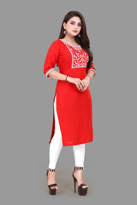 WOMENSILK Women Embroidered A-line Kurta(Red)
