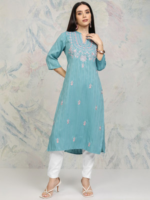 Vishudh Women Embroidered Straight Kurta(Blue)