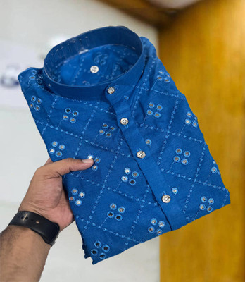 Simran Creation Men Embroidered Straight Kurta(Blue)
