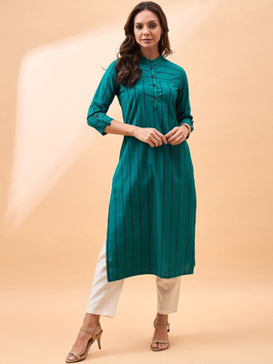 all about you Women Striped Straight Kurta(Blue)