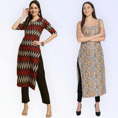 KAUTAQI Women Printed, Striped Straight Kurta(Multicolor)