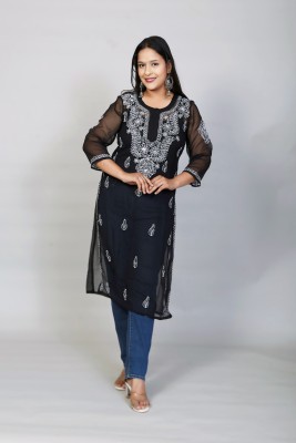 SHYAM Women Chikan Embroidery A-line Kurta(Black)