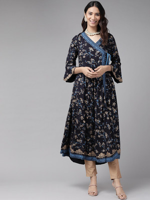 Yash Gallery Women Floral Print Anarkali Kurta(Blue)