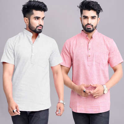 QuaClo Men Solid Straight Kurta(Grey, Pink)