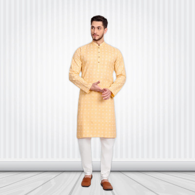 Excent Men Block Print Straight Kurta(Beige)