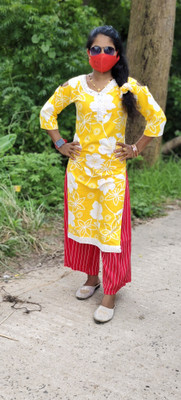TRENDYNS Women Floral Print, Printed Straight Kurta(Yellow)
