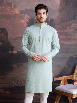 Sanwara Men Chikan Embroidery Straight Kurta(Light Green)