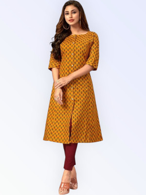 ABHI FAB Women Printed Straight Kurta(Yellow)