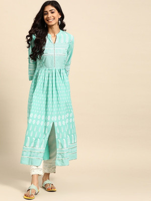 ANOUK Women Printed Frontslit Kurta(Green)